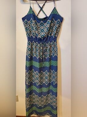 Banana Republic Blue & Green Patterned Maxi Dress with Crisscross Straps - size